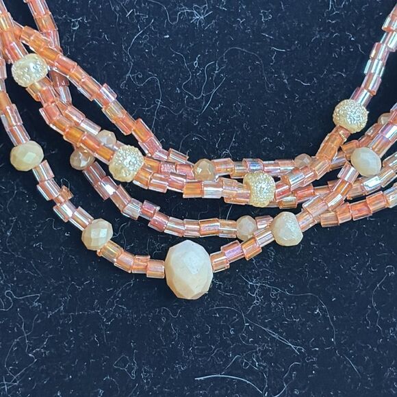 Multistrand orange amber colored seed bead fashion necklace 18” - Picture 3 of 5